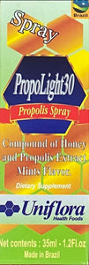 PropoLight 30 Propolis Spray packaging, featuring a spray bottle with blue and red label, indicating mint flavor, 35ml volume, and honey as an ingredient.