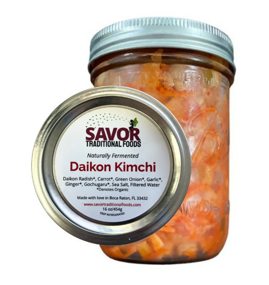 Savor Me Fermented Daikon Kimchi traditional Korean spicy fermented radish kimchi in jar