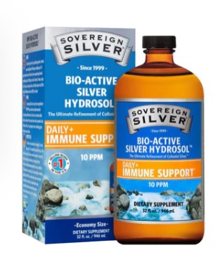 A bottle of Sovereign Silver Bio-Active Silver Hydrosol next to its packaging box, labeled as 'Daily Immune Support' with a concentration of 10 ppm.