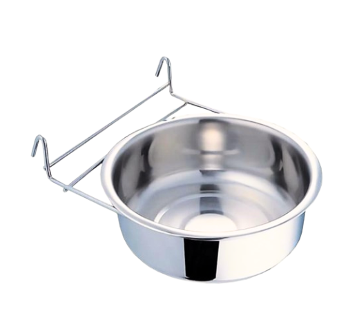 Durable stainless steel coop cup with wire hanger for feeding or watering animals in enclosures