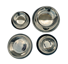 A set of stainless steel pet bowls in varying sizes, designed to prevent tipping.