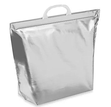A silver thermal hot/cold food storage bag with snap-lock handles.