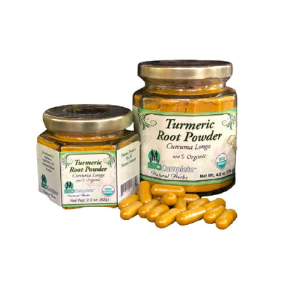 Two jars of Turmeric Root Powder with capsules on a white background