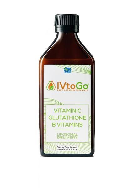 A bottle of IVtoGo Vitamin C Glutathione B Vitamins, with a label indicating it's a portable vitamin supplement, not an IV.