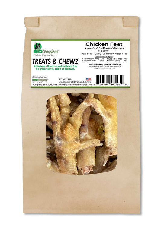 Packaging of BioComplete Natural Baked Chicken Feet Treats showing the product inside a transparent window.