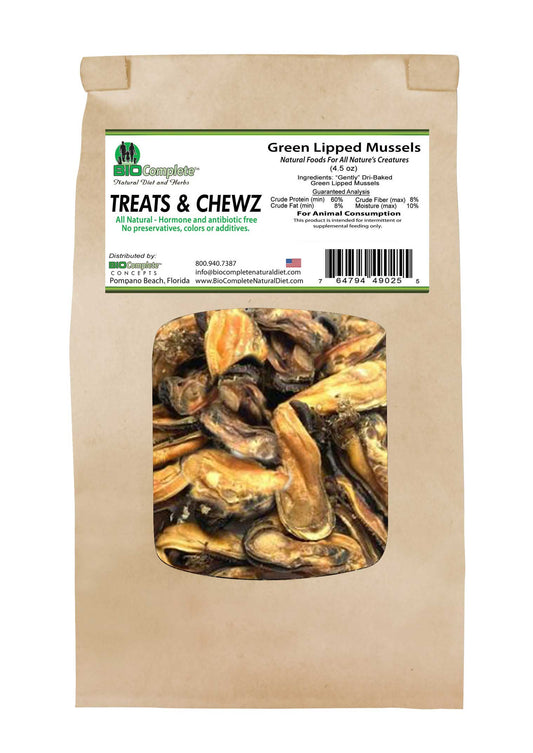Packaging of BioComplete Natural Baked Green Lipped Mussel Treats with the product visible through a transparent window.