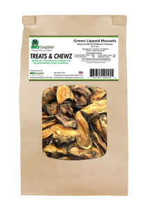 Packaging of BioComplete Natural Baked Green Lipped Mussel Treats with the product visible through a transparent window.