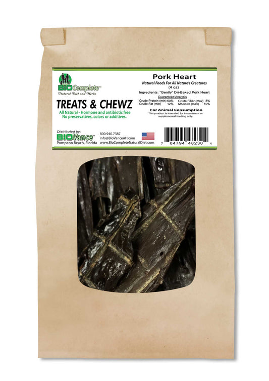 Packaging of BioComplete Natural Baked Pork Heart Treats showing the product inside a transparent window, with branding and product information.