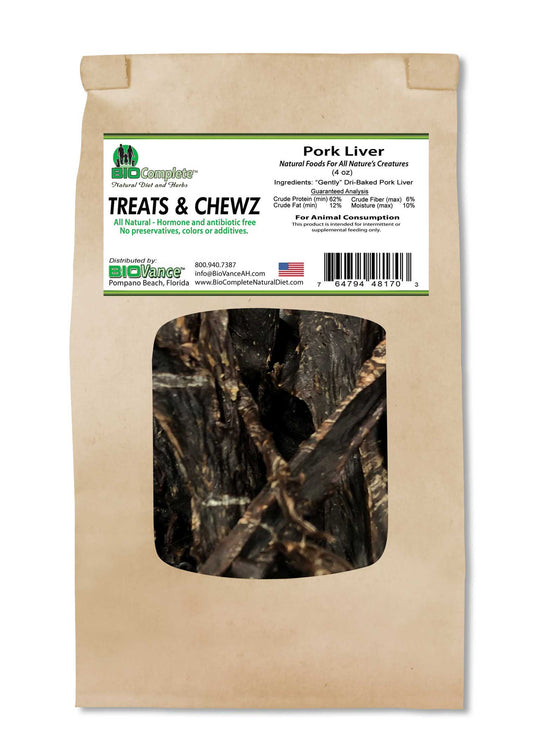 Packaging of BioComplete Natural Baked Pork Liver Treats showing the product name and a window displaying the dried pork liver treats inside.