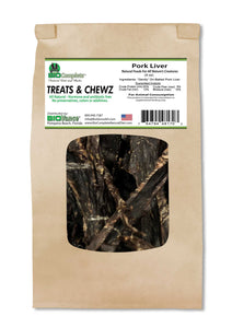 Packaging of BioComplete Natural Baked Pork Liver Treats showing the product name and a window displaying the dried pork liver treats inside.