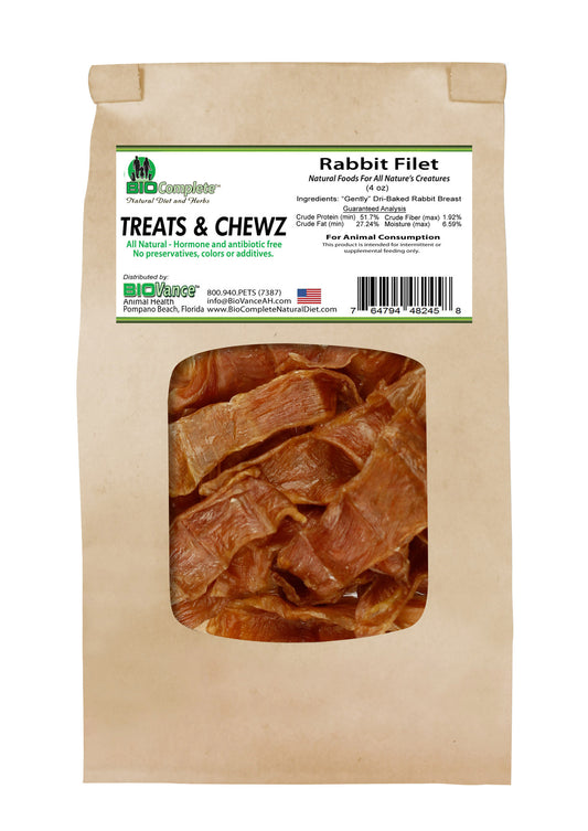 Packaging of BioComplete Natural Baked Rabbit Filet Treats showing the product inside a transparent window, set against a beige background.