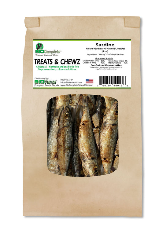 Packaging of BioComplete Natural Baked Sardine Treats showing dehydrated sardines through a transparent window.