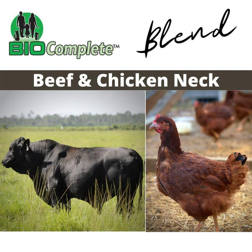 Product image featuring two photographs, one of a cow in a field and another of a brown chicken. The images are labeled 'BioComplete' and 'Beef & Chicken Neck' respectively, indicating the natural raw beef and chicken neck blend.