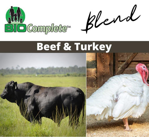 The image features two animals, a cow on the left and a turkey on the right, indicating the natural raw sources of the product.