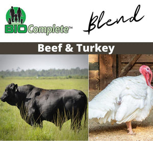 The image features two animals, a cow on the left and a turkey on the right, indicating the natural raw sources of the product.