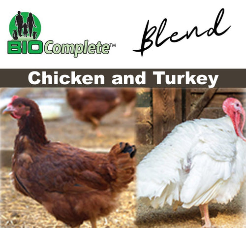 Packaging for BioComplete Natural Raw Chicken and Turkey Blend with images of chickens and a turkey.