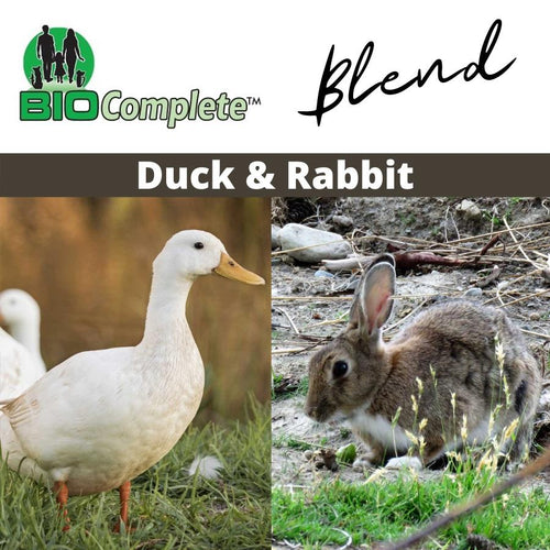The image features two animals, a duck on the left and a rabbit on the right, with the text 'BIO Complete Blend Duck & Rabbit' in the center.