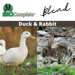 The image features two animals, a duck on the left and a rabbit on the right, with the text 'BIO Complete Blend Duck & Rabbit' in the center.