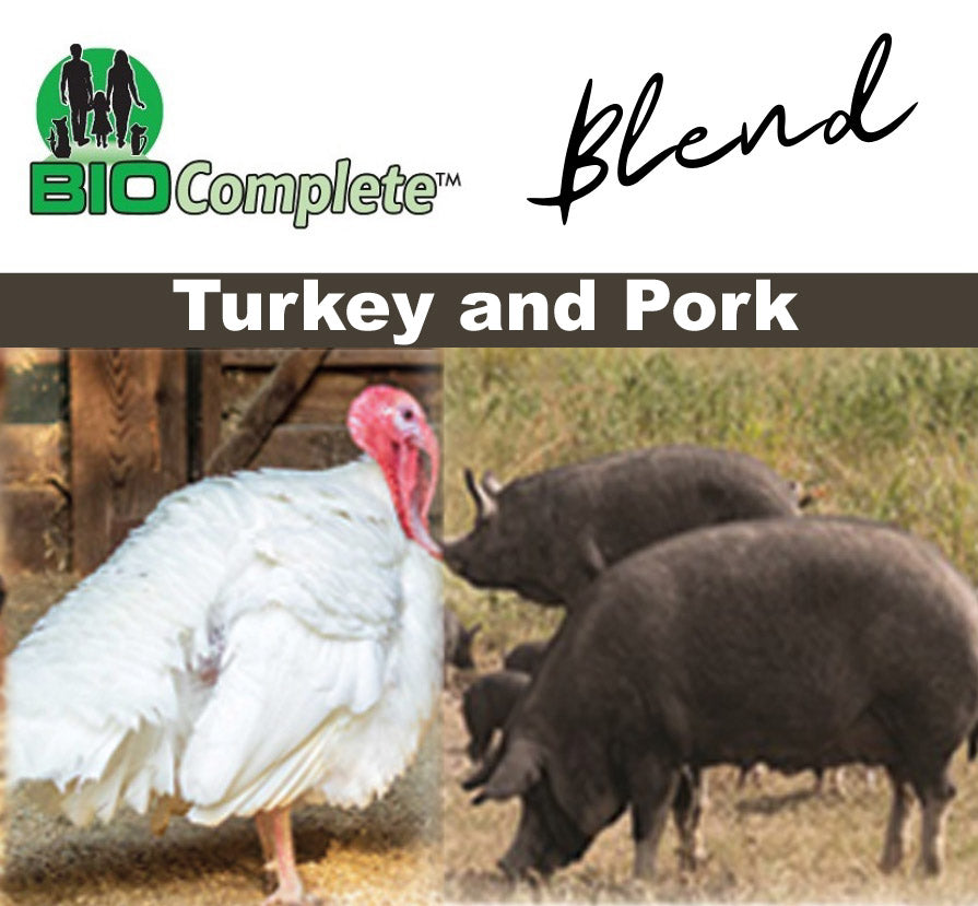 Product image featuring a white turkey and black pork in a natural setting, indicating the ingredients of the BioComplete Natural Raw Turkey and Pork Blend.