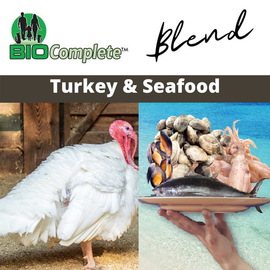A collage featuring a white turkey and various seafood items, with the BioComplete logo and text 'Turkey & Seafood Blend' indicating the product is a mixture of these meats.