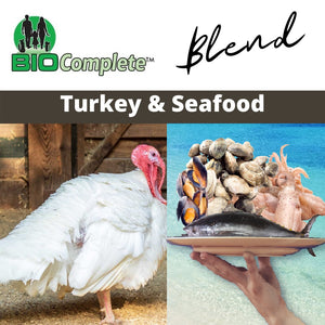 A collage featuring a white turkey and various seafood items, with the BioComplete logo and text 'Turkey & Seafood Blend' indicating the product is a mixture of these meats.