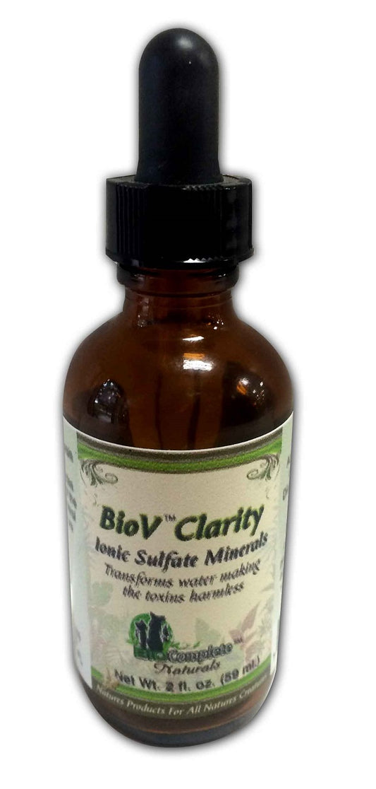 A dropper bottle labeled 'BioV Clarity Ionic Sulfate Minerals' designed for water purification.