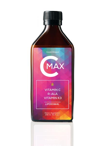 A bottle of C-Max supplement with branding and text indicating it contains Vitamin C, R-ALA, and Vitamin K3.