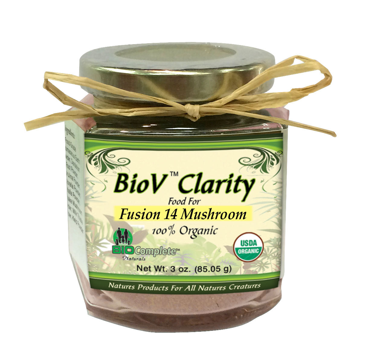 A glass jar containing BioV Clarity food for Fusion 14 Mushroom, 100% Organic, sealed with a metal lid and a string.