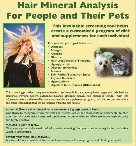 An advertisement for BioComplete Hair Mineral Testing, highlighting its purpose and benefits for both people and their pets. It includes images of a smiling woman and a dog, along with some text.