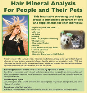 An advertisement for BioComplete Hair Mineral Testing, highlighting its purpose and benefits for both people and their pets. It includes images of a smiling woman and a dog, along with some text.