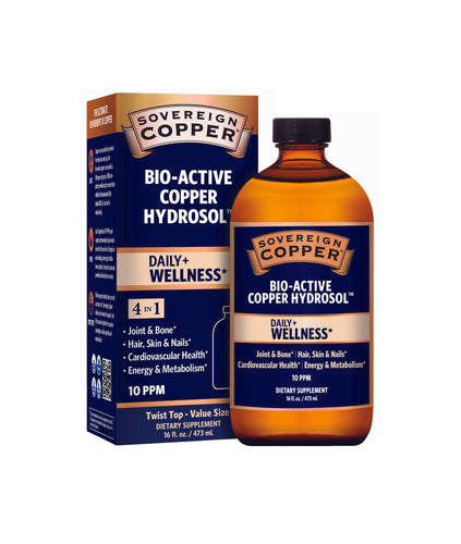 A bottle of Sovereign Bio-Active Copper Hydrosol with a twist top next to its packaging box.