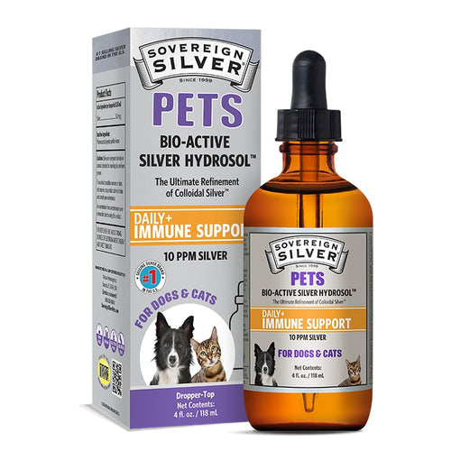 A bottle of Sovereign Silver Pets Bio-Active Silver Hydrosol with a dropper, next to its packaging box which has images of dogs and cats. The product is labeled as 'Daily Immune Support' for pets.