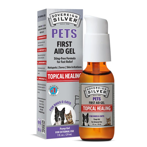 Packaging of Sovereign Silver First Aid Gel for pets, featuring a bottle with a dropper and a box with product details, images of a dog and a cat, and text describing the product as 'Topical Healing' for pets.