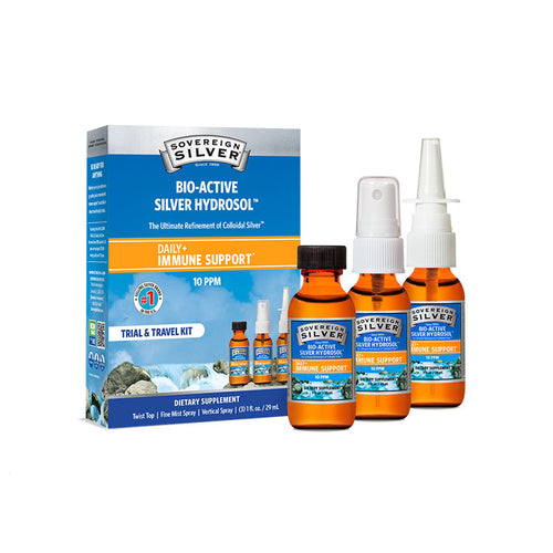 A Sovereign Silver Immune Support trial travel pack which includes three 1 oz bottles of Bio-Active Silver Hydrosol in amber glass bottles with white spray tops, and a blue and white box packaging.