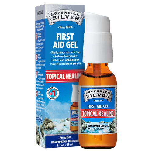 Sovereign Silver Immune Support First Aid Gel packaging and bottle, indicated for topical healing of minor skin wounds.