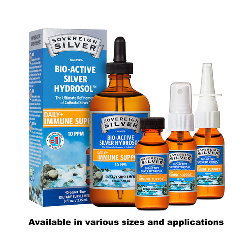 A product image showcasing Sovereign Silver Immune Support supplements in various packaging including bottles and a spray bottle, alongside their box. The supplements are marketed as Bio-Active Silver Hydrosol.